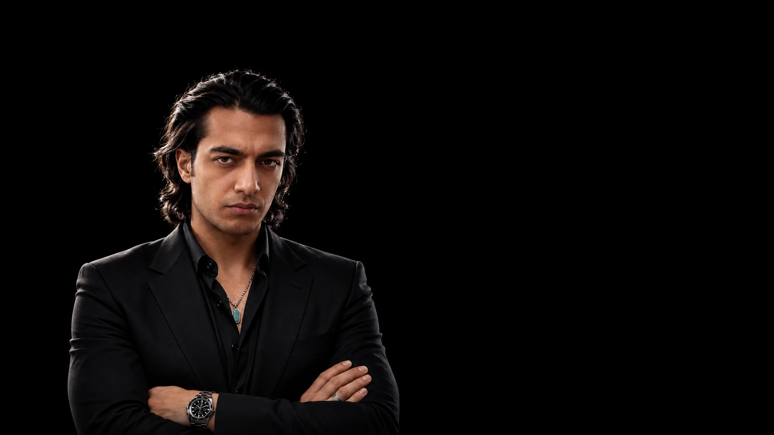 Portrait of Amir Khaldari in a black suit and shirt with a turquoise pendant, arms crossed